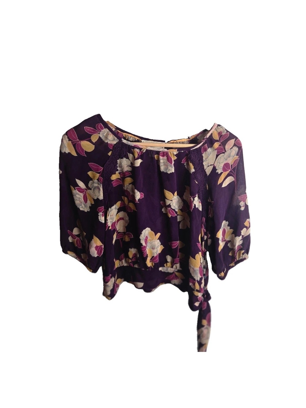 Moulinette Soeurs Anthropologie Blouse 0 Purple Floral Silk Tie Hem Boho